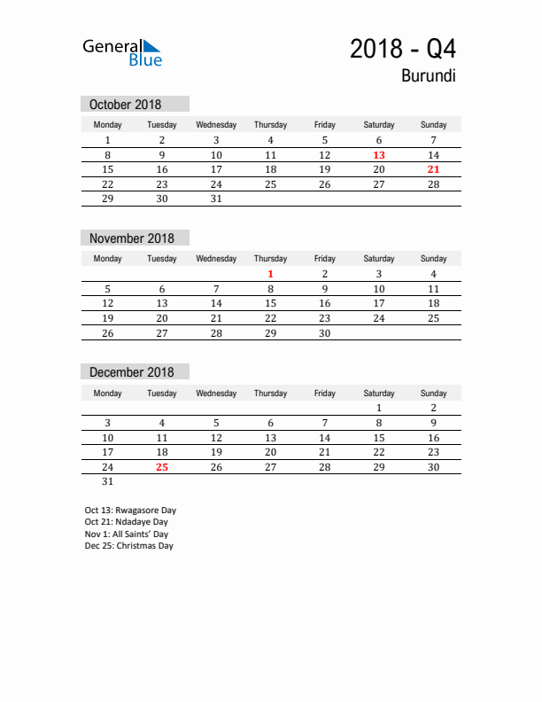 Burundi Quarter 4 2018 Calendar with Holidays