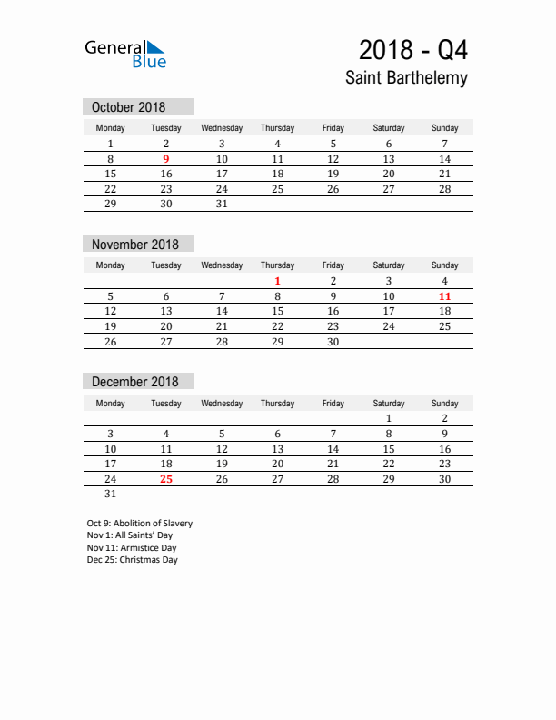 Saint Barthelemy Quarter 4 2018 Calendar with Holidays