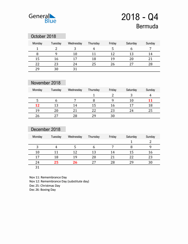 Bermuda Quarter 4 2018 Calendar with Holidays