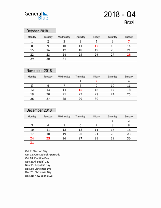 Brazil Quarter 4 2018 Calendar with Holidays