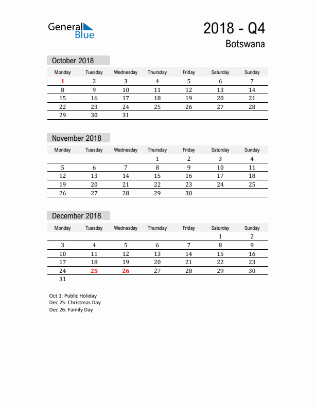 Botswana Quarter 4 2018 Calendar with Holidays