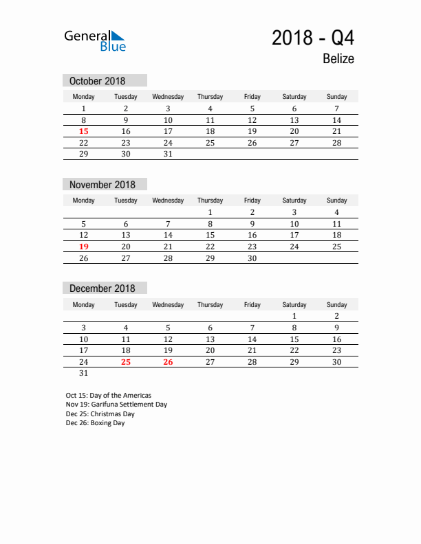 Belize Quarter 4 2018 Calendar with Holidays