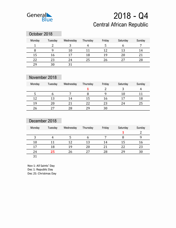 Central African Republic Quarter 4 2018 Calendar with Holidays