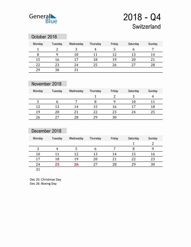 Switzerland Quarter 4 2018 Calendar with Holidays