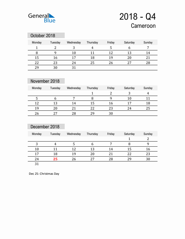 Cameroon Quarter 4 2018 Calendar with Holidays