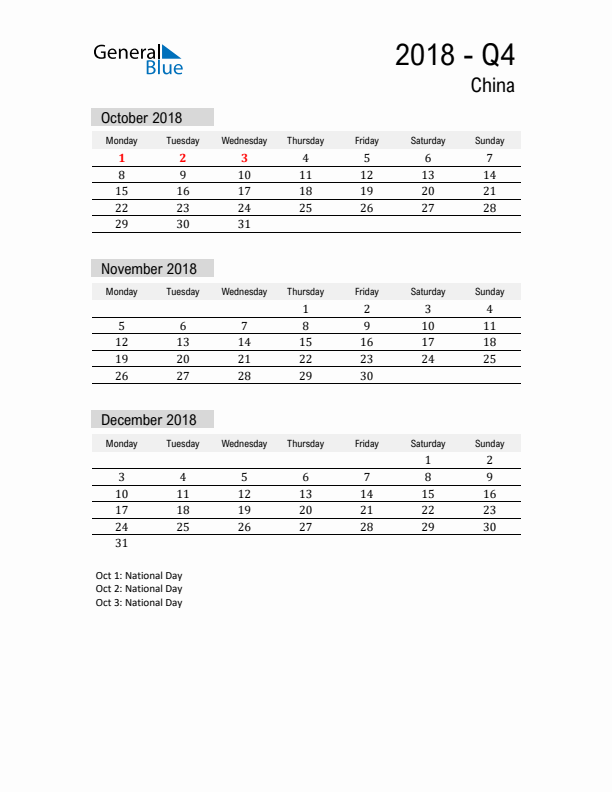 China Quarter 4 2018 Calendar with Holidays