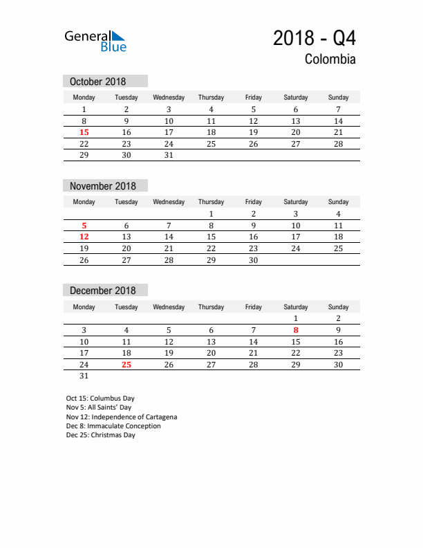 Colombia Quarter 4 2018 Calendar with Holidays