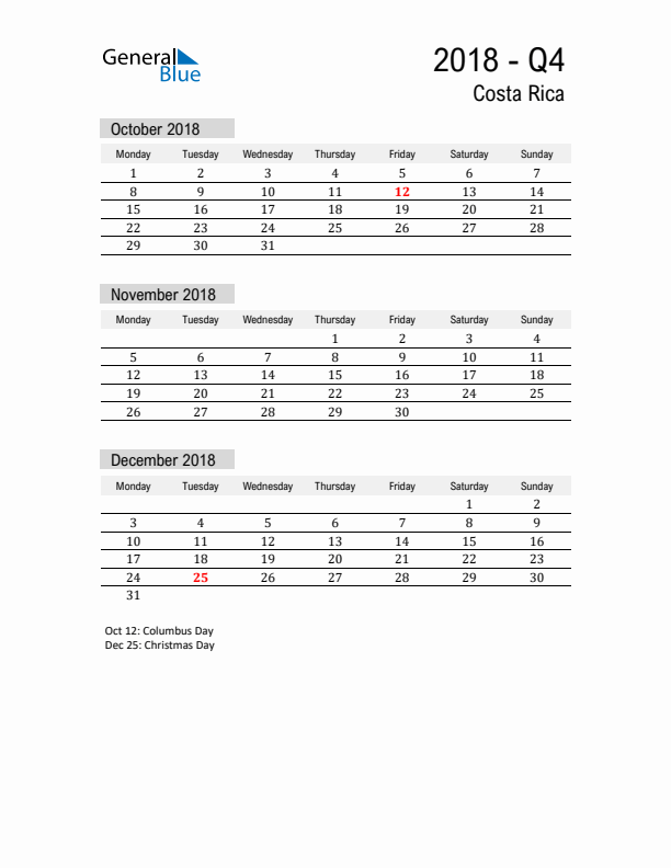 Costa Rica Quarter 4 2018 Calendar with Holidays