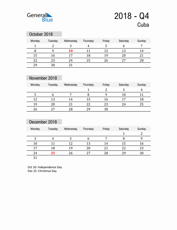 Cuba Quarter 4 2018 Calendar with Holidays