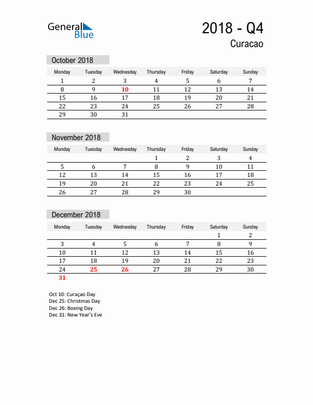 Curacao Quarter 4 2018 Calendar with Holidays