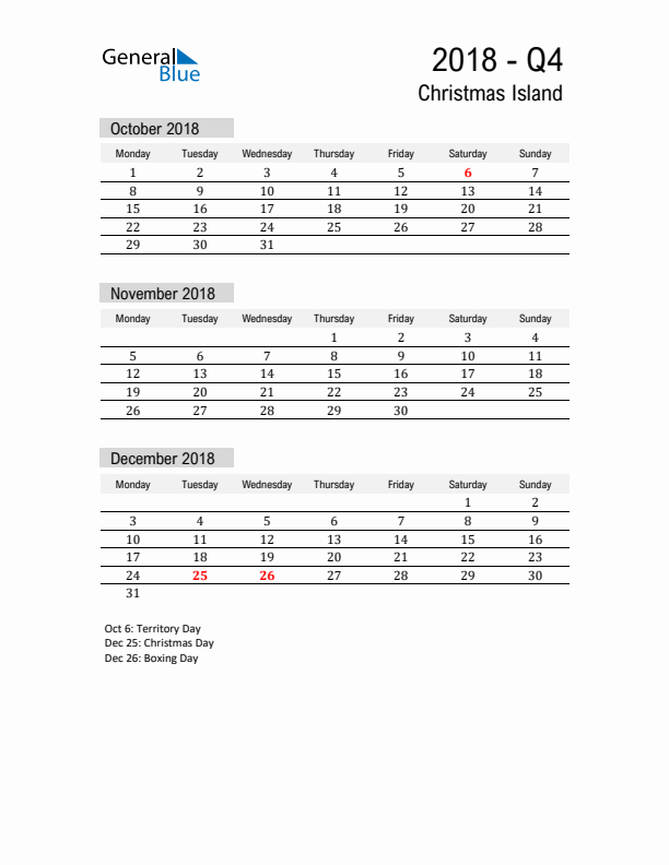 Christmas Island Quarter 4 2018 Calendar with Holidays