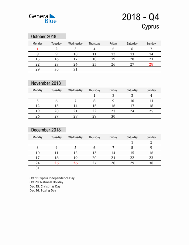 Cyprus Quarter 4 2018 Calendar with Holidays