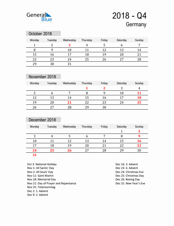 Germany Quarter 4 2018 Calendar with Holidays