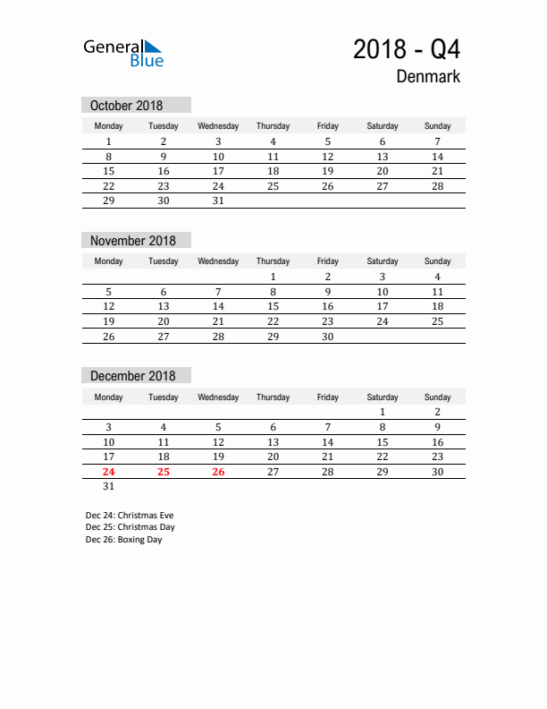 Denmark Quarter 4 2018 Calendar with Holidays