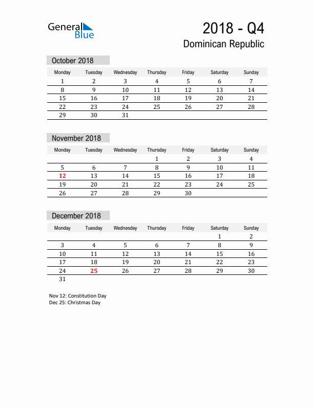 Dominican Republic Quarter 4 2018 Calendar with Holidays