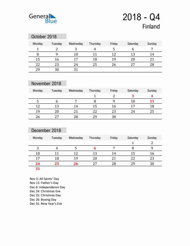 Finland Quarter 4 2018 Calendar with Holidays