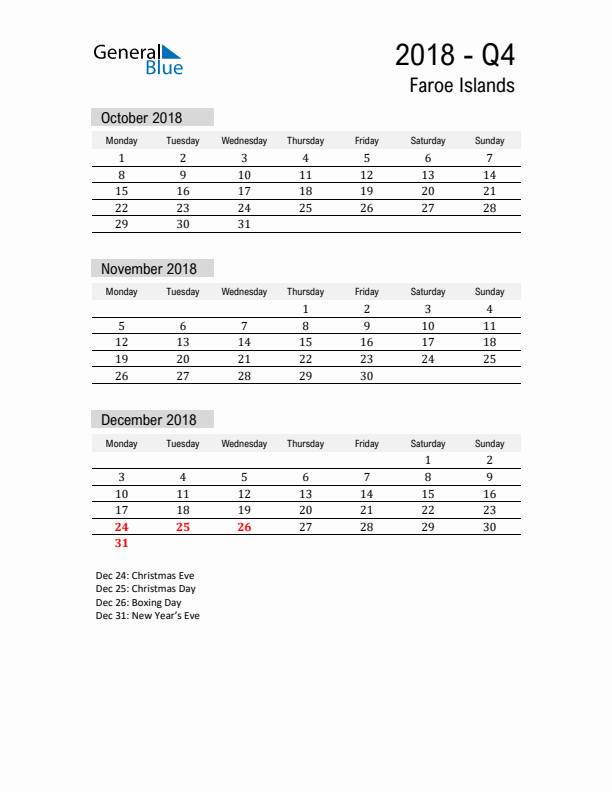 Faroe Islands Quarter 4 2018 Calendar with Holidays