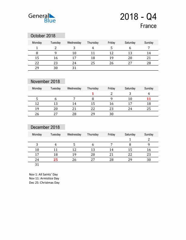 France Quarter 4 2018 Calendar with Holidays