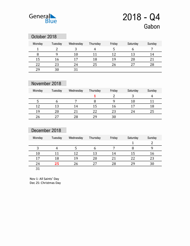 Gabon Quarter 4 2018 Calendar with Holidays