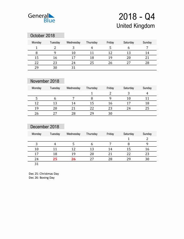 United Kingdom Quarter 4 2018 Calendar with Holidays