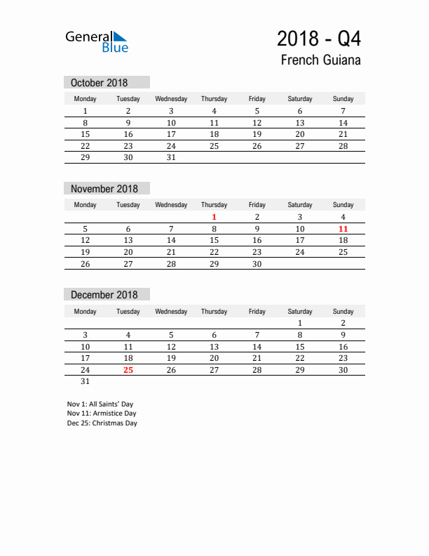 French Guiana Quarter 4 2018 Calendar with Holidays