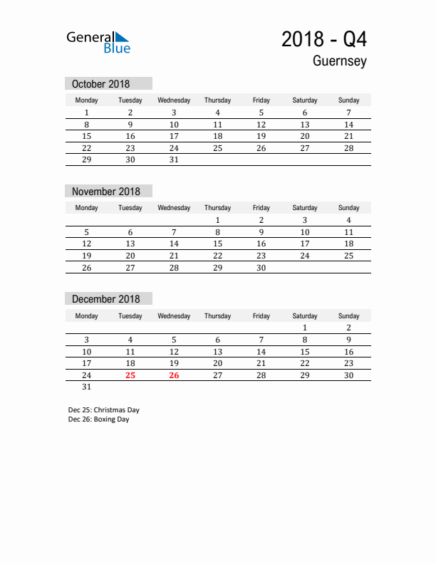 Guernsey Quarter 4 2018 Calendar with Holidays