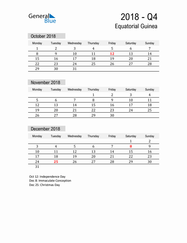 Equatorial Guinea Quarter 4 2018 Calendar with Holidays