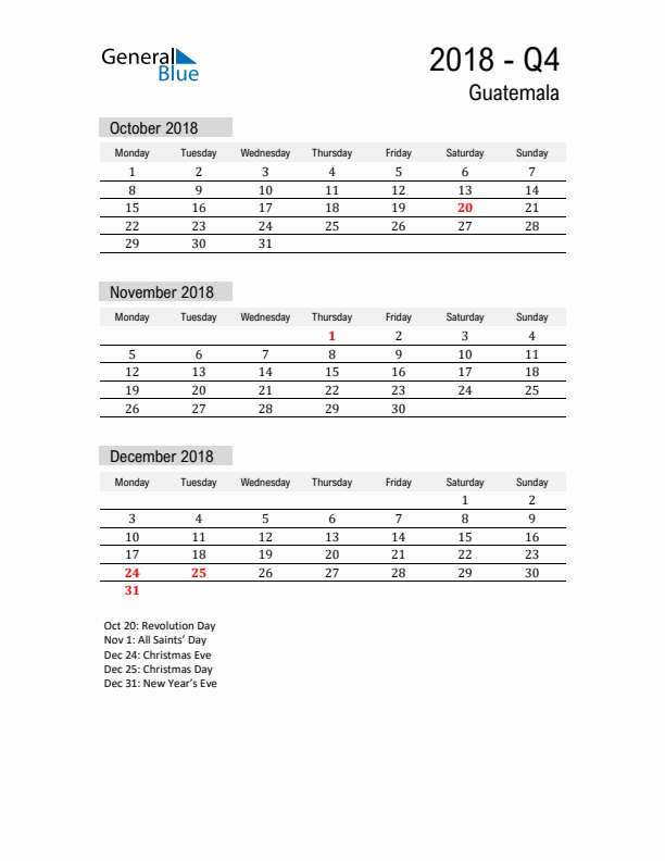 Guatemala Quarter 4 2018 Calendar with Holidays