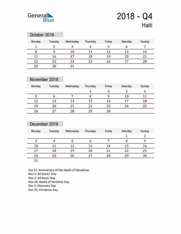 Haiti Quarter 4 2018 Calendar with Holidays