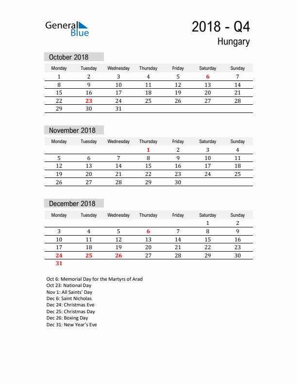 Hungary Quarter 4 2018 Calendar with Holidays