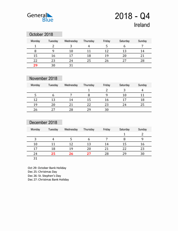 Ireland Quarter 4 2018 Calendar with Holidays