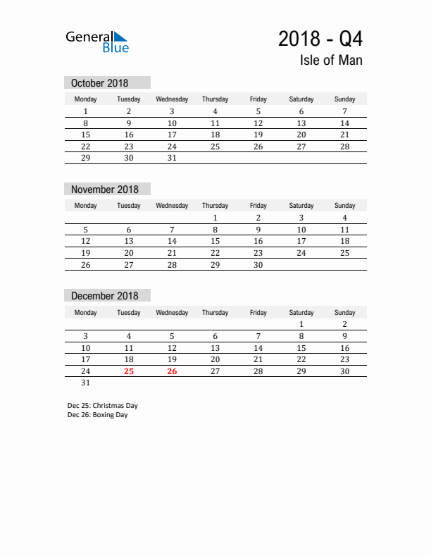 Isle of Man Quarter 4 2018 Calendar with Holidays