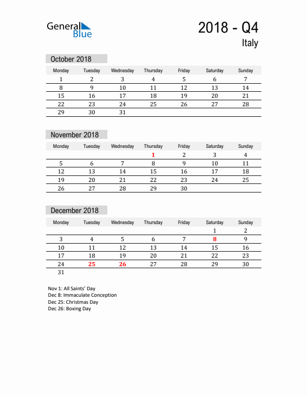 Italy Quarter 4 2018 Calendar with Holidays