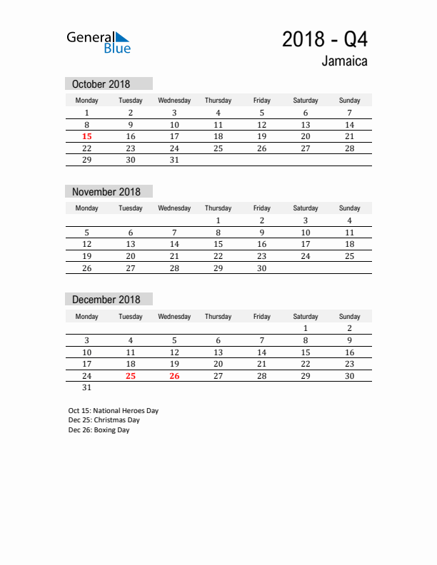 Jamaica Quarter 4 2018 Calendar with Holidays