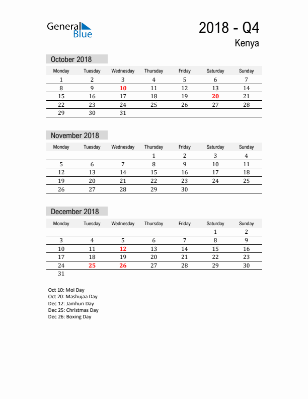 Kenya Quarter 4 2018 Calendar with Holidays