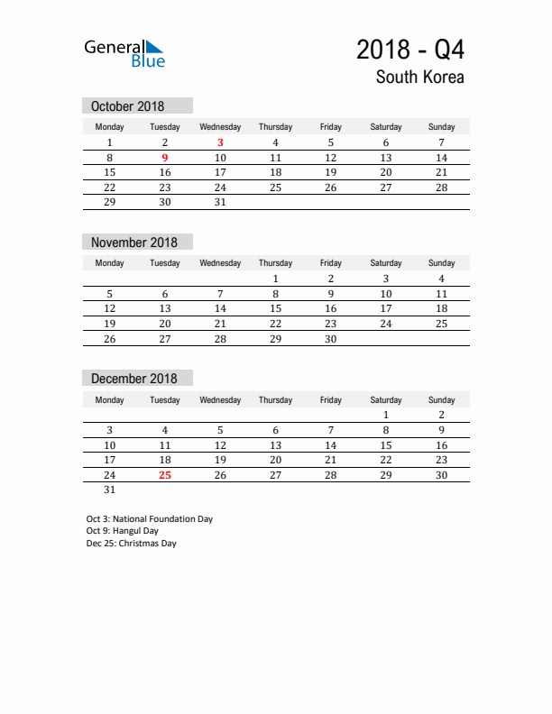 South Korea Quarter 4 2018 Calendar with Holidays