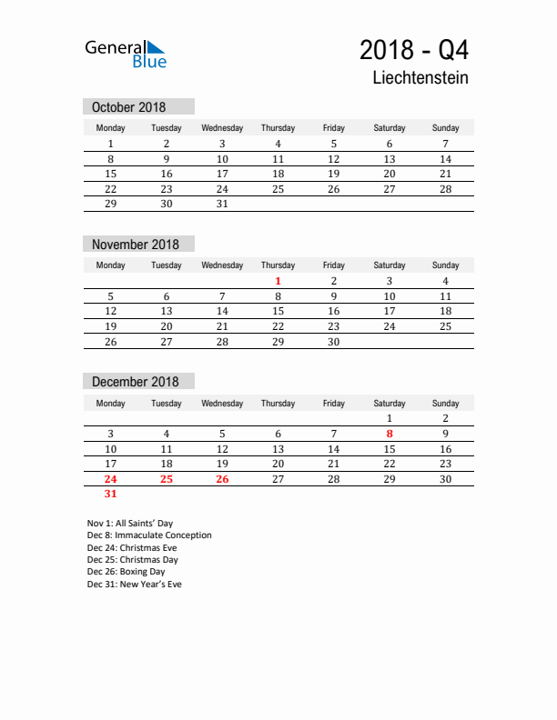 Liechtenstein Quarter 4 2018 Calendar with Holidays