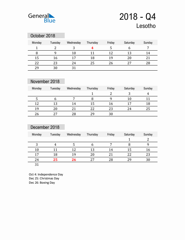 Lesotho Quarter 4 2018 Calendar with Holidays