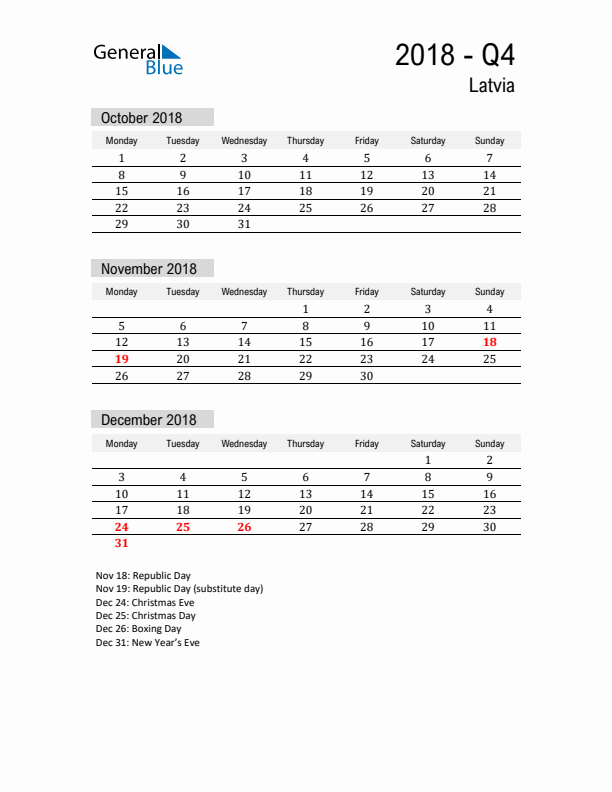 Latvia Quarter 4 2018 Calendar with Holidays