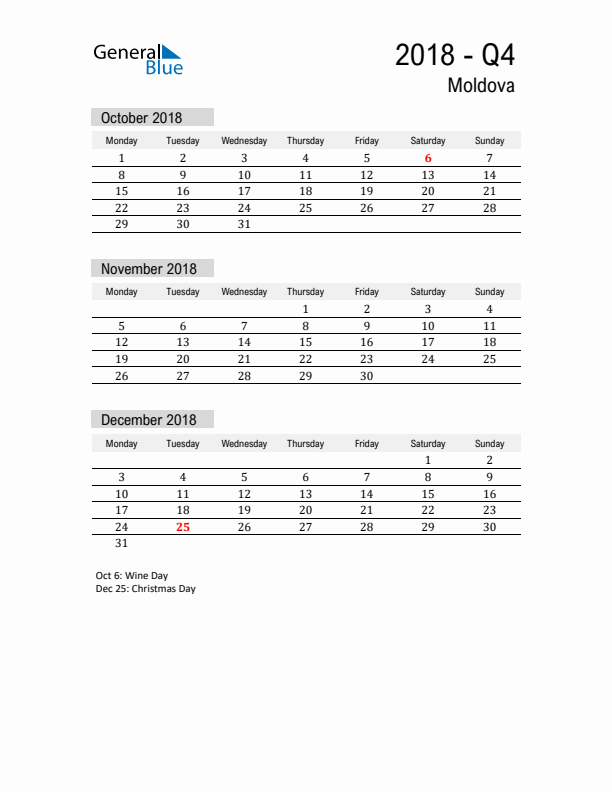 Moldova Quarter 4 2018 Calendar with Holidays