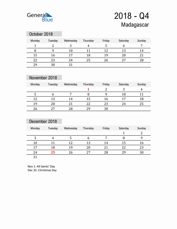 Madagascar Quarter 4 2018 Calendar with Holidays