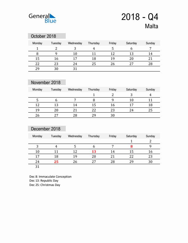 Malta Quarter 4 2018 Calendar with Holidays