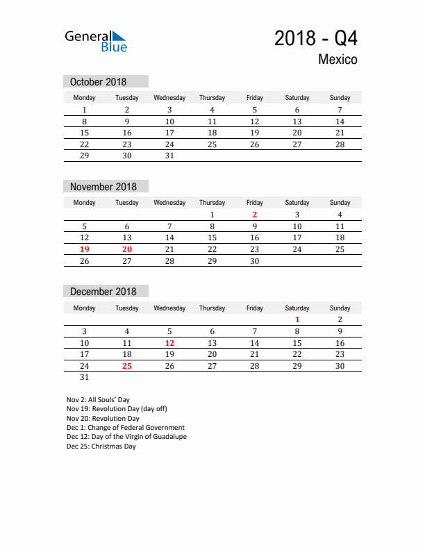 Mexico Quarter 4 2018 Calendar with Holidays