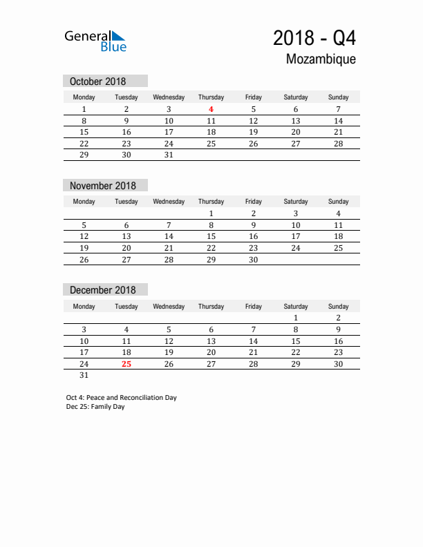 Mozambique Quarter 4 2018 Calendar with Holidays