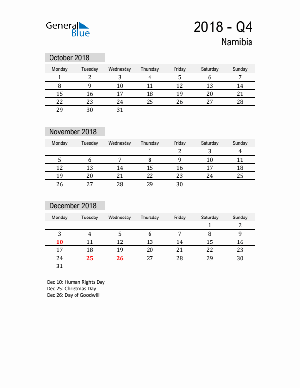 Namibia Quarter 4 2018 Calendar with Holidays