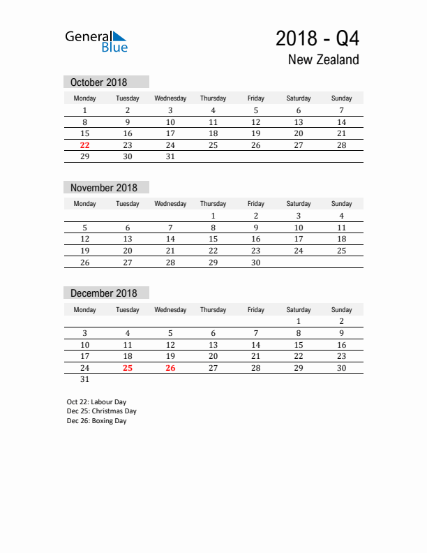 New Zealand Quarter 4 2018 Calendar with Holidays