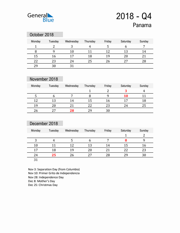 Panama Quarter 4 2018 Calendar with Holidays