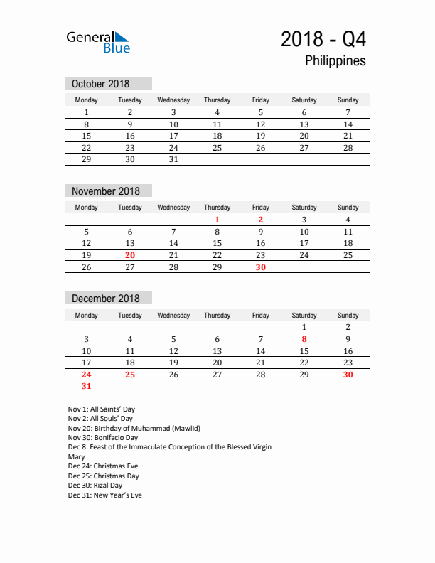 Philippines Quarter 4 2018 Calendar with Holidays