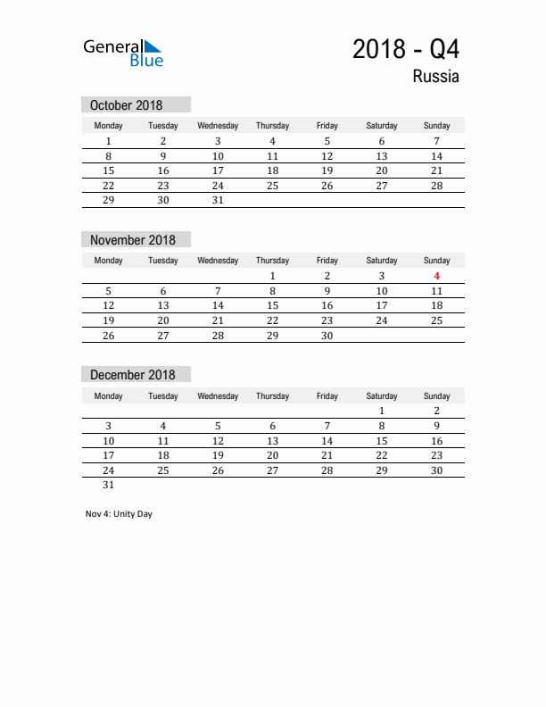 Russia Quarter 4 2018 Calendar with Holidays