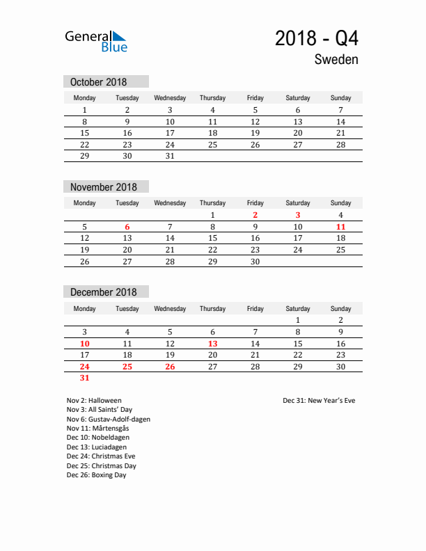 Sweden Quarter 4 2018 Calendar with Holidays